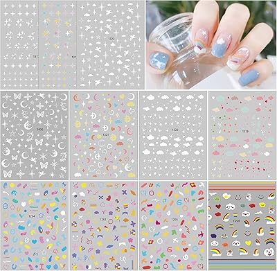 11 feuilles d'autocollants étoiles awn pour nail art, nuage, lune, arc-en-ciel, cœur, autocollants