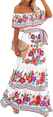 Robe mexicaine à imprimé floral pour femmes, épaules dénudées, robe longue de soirée
