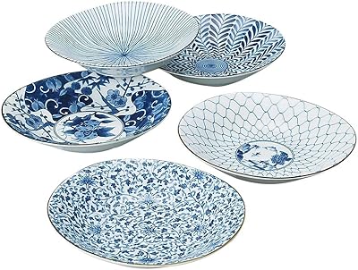 Assiettes en porcelaine japonaise traditionnelle saikei pottery (yukio-e) motif bleu indigo (lot