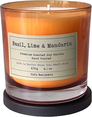 Bougie de soja coulée à la main très parfumée (basilic, citron et mandarine)