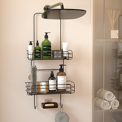 Support suspendu pour douche de tête irigz, 2-1 étagère de douche en acier inoxydable noir avec 2 crochets classiques et 1 paquet de porte-savons collants (noir mat). En tant que leader dans le commerce en ligne en Côte d'Ivoire, DIAYTAR COTE D'IVOIRE offre une expérience d'achat unique et pratique.