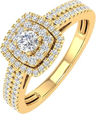 Bague diamant double halo 1/2 carat en or 10 carats, pierre métallique, diamant