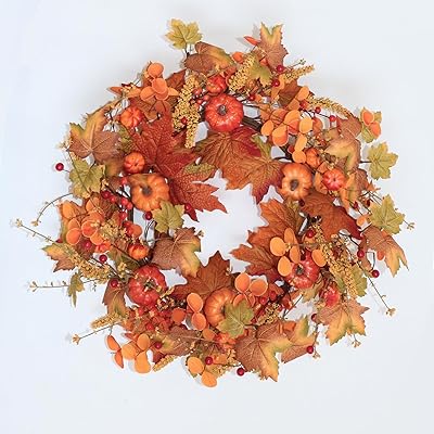 Diyfloru 18\"couronnes d'automne pour porte d'entrée intérieure, récolte de feuilles d'automne orange, couronne