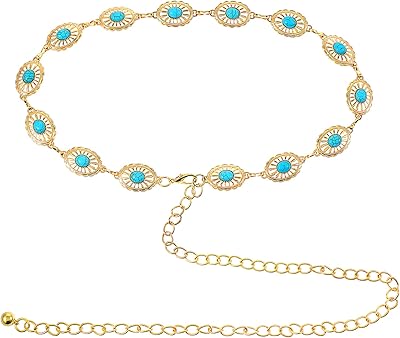 Ceinture à chaînes concho pour femme, ceinture en métal occidental turquoise, ceinture