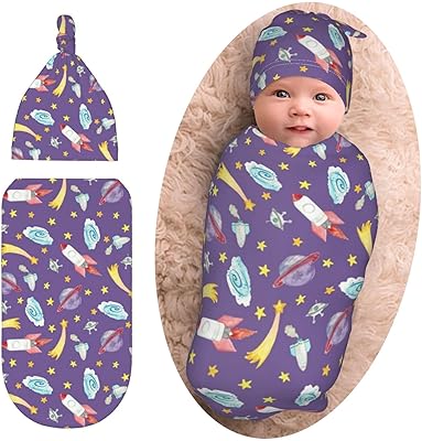 Ensemble de couverture d'emmaillotage pour bébé purple rocket and stars, couverture douce