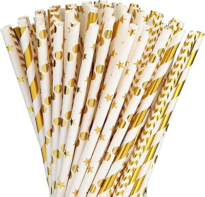 Pailles en papier biodégradables paquet de 100 pailles métalliques à rayures-vague-cœur-étoile pour anniversaire
