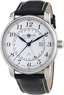 Montre zeppelin deuxième fuseau horaire gmt avec bracelet en cuir noir avec affichage