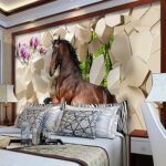 Papier peint intissé fleurs 3d et cheval marron pour décoration d'intérieur, chambre à