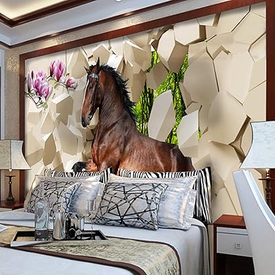 Papier peint intissé fleurs 3d et cheval marron pour décoration d'intérieur, chambre à