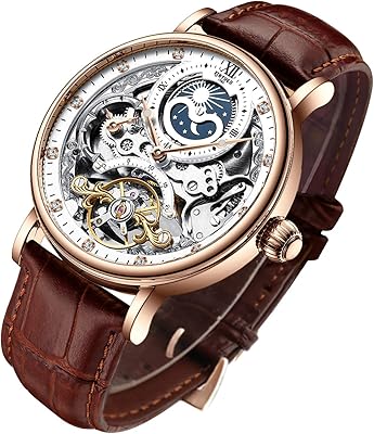 Montre pour homme besten, montre mécanique à aiguille lumineuse en cuir marron, cuir
