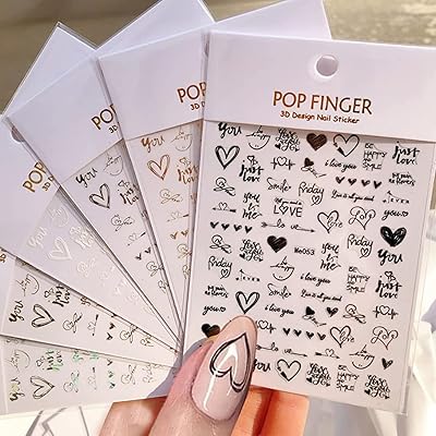 6 feuilles d'autocollants 3d autocollants pour ongles, noir, blanc, or, argent, laser, cœur