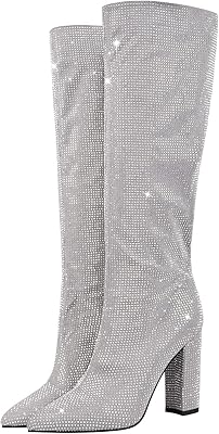Bottes hautes pour femmes, talon épais, bout pointu, mi-mollet, bottes à enfiler cloutées