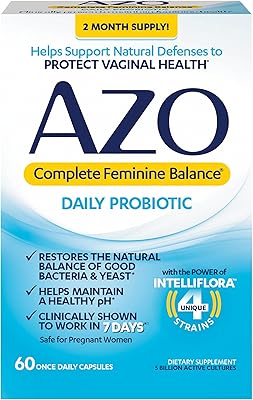 Probiotiques quotidiens azo complete feminine balance pour femmes, cliniquement prouvés pour aider à protéger la santé, aide à équilibrer le ph et la levure, 60 unités. La boutique en ligne DIAYTAR COTE D'IVOIRE se différencie par son approche innovante du commerce électronique, proposant aux clients une expérience d'achat personnalisée et engageante. Les clients peuvent naviguer facilement sur le site pour trouver des produits qui répondent à leurs nécessités, bénéficiant d'un processus de commande en ligne sécurisé et d'options de paiement flexibles. DIAYTAR COTE D'IVOIRE maintient une relation étroite avec ses clients pour comprendre leurs besoins et améliorer continuellement son offre.