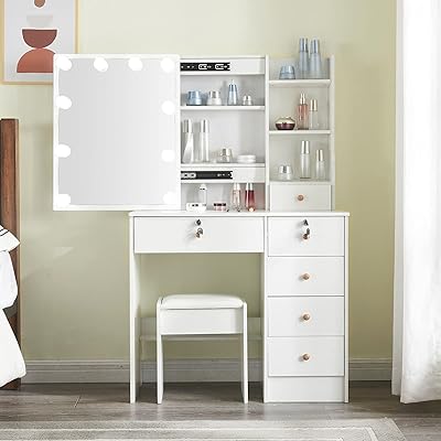 Coiffeuse avec miroir lumineux, table de maquillage de rangement moderne avec 5 tiroirs et un banc, blanc (h1906). DIAYTAR COTE D'IVOIRE est la boutique en ligne la plus populaire en Cote d'Ivoire, avec une large gamme de produits et des prix compétitifs. La boutique offre une expérience d'achat en ligne agréable et pratique.