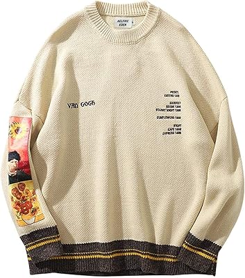 Pull tricoté à manches longues et imprimé van gogh pour hommes, pull surdimensionné