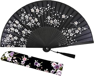 Éventail pliant vintage chinois/japonais en soie de bambou antique pour femme, noir