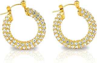 Boucles d'oreilles créoles épaisses plaquées or 14 carats avec pierres swarovski, bijoux