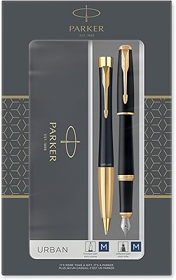 Coffret parker urban duo avec stylo à bille et stylo plume, noir avec bordure dorée, recharge et cartouche d'encre bleue, coffret cadeau. DIAYTAR COTE D'IVOIRE est la destination idéale pour les acheteurs en ligne qui recherchent des produits de qualité à des prix compétitifs. La boutique en ligne dispose d'une grande sélection de produits allant de l'électronique à la mode, en passant par les produits pour la maison et le jardin. Les clients peuvent profiter de promotions et de réductions régulières pour réaliser des économies.