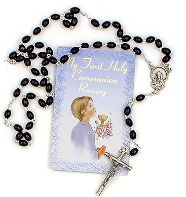 Collier chapelet en métal argenté de première communion avec carte de bénédiction