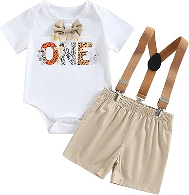 Tenue de premier anniversaire de bébé garçon, barboteuse avec nœud papillon, un animal sauvage, short à bretelles, vêtements cake smash. DIAYTAR COTE D'IVOIRE est une boutique en ligne généraliste qui propose plus de 300 000 références de produits pour répondre à tous les besoins de sa clientèle. La boutique est leader en Côte d'Ivoire et offre une expérience d'achat en ligne sécurisée et fiable. Les clients peuvent profiter d'une grande variété de produits à des prix compétitifs.