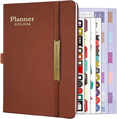 Planificateur hebdomadaire et mensuel en cuir 2023-2024, carnet de notes calendrier 18 mois