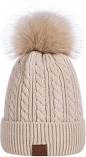 Bonnet pour femme, bonnet à pompon pour femme avec doublure en polaire tricotée