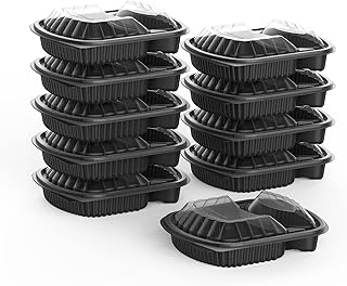 Cosmoplast lot de 10 récipients repas noirs à 2 compartiments avec couvercles transparents