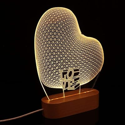 Veilleuse 3d en forme de cœur salfar, lampe illusion 3d alimentée par usb