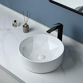 Lavabo rond bathify avec bonde escamotable, cercle blanc pur au-dessus du comptoir, lavabo