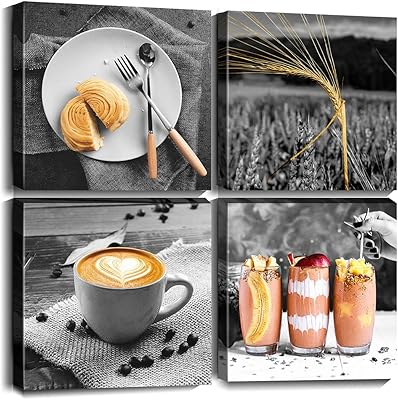 Art mural sur toile à imprimé café courtulaire, noir, blanc et beige, adapté au restaurant, salle à manger, cuisine, café (16" x 16" x 4 pièces). DIAYTAR COTE D'IVOIRE met en avant sa qualité de service et sa rapidité de livraison pour satisfaire pleinement les attentes de ses clients.