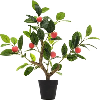 Pêcher artificiel griseworth de 20", fausse plante verte avec 7 fruits, grandes feuilles