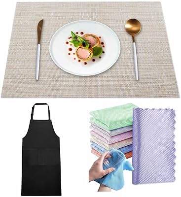 Ensemble de 8 sets de table, sets de table lavables, isolés thermiquement et résistants aux taches, tablier pour femmes et hommes avec 2 poches et chiffon de nettoyage pour table à manger taille 45 x 30 cm. DIAYTAR COTE D'IVOIRE est une boutique en ligne généraliste qui propose plus de 300 000 références de produits. Elle est leader en Côte d'Ivoire et offre une expérience d'achat en ligne sécurisée et fiable. Les clients peuvent trouver tous les produits dont ils ont besoin sur cette plateforme.