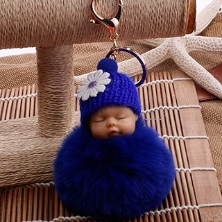 Porte-clés poupée endormie 8 cm en fourrure de lapin avec pompon, porte-clés