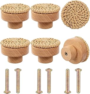 Vetang 6 pièces boutons de tiroir en bois, poignées d'armoire en rotin, boutons