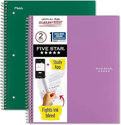 Cahier à spirale cinq étoiles avec application d'étude, paquet de 2, 1 sujet
