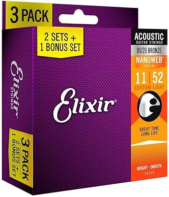 Cordes de guitare acoustique elixir nanoweb bronze 80 20 custom light (.011-.052)
