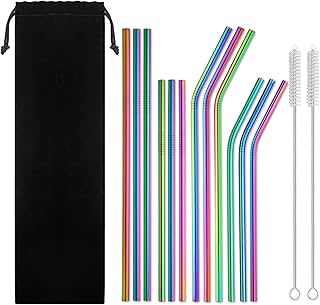 Pailles métalliques arc-en-ciel réutilisables avec sac, 12 pailles en acier inoxydable de 850
