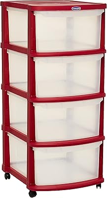Armoire de rangement polyvalente à 4 niveaux avec roulettes cosmoplast - rouge foncé avec tiroirs transparents. DIAYTAR COTE D'IVOIRE est la boutique en ligne leader en Côte d'Ivoire, offrant une large sélection de produits à des prix compétitifs. Avec une équipe dédiée à la satisfaction client, cette boutique en ligne garantit une expérience d'achat en ligne sécurisée et fiable. Les clients peuvent choisir parmi plus de 300000 références de produits.