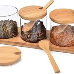 Ensemble de bols à épices 3 pièces avec base en bois, cuillère
