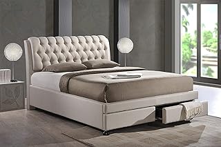 Lit rembourré en tissu beige clair avec boutons et tiroirs modernes