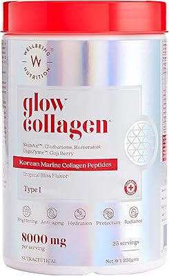 Wellbeing nutrition glow peptides de collagène marin japonais avec peau, glutathion, resvératrol, bromélaïne