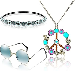 Ensemble de costumes hippie comprenant un signe de la paix, un collier, un bandeau, un pneu à cheveux et des lunettes de soleil des années 60 et 70 pour femme, 10, aluminium, grenat. La boutique en ligne DIAYTAR COTE D'IVOIRE propose une sélection impressionnante de plus de 300000 références, allant des produits alimentaires aux articles de sport en passant par les accessoires de mode. Avec une politique de retour et d'échange claire, les clients peuvent acheter en toute confiance, sachant qu'ils sont protégés en cas de problèmes avec leur commande. Le site est régulièrement mis à jour avec de nouveaux produits pour toujours offrir le meilleur choix.