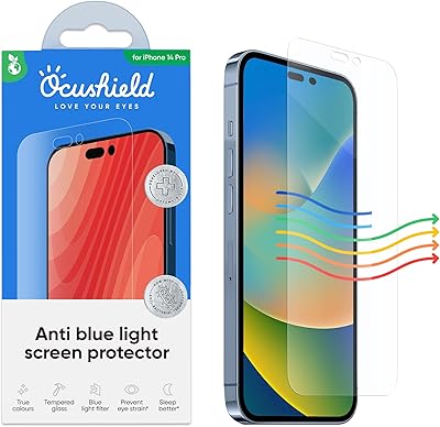 Protecteur d'écran en verre trempé anti-lumière bleue ocushield pour iphone 14 pro max