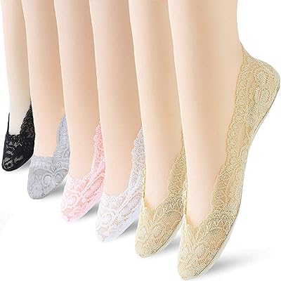 Chaussettes antidérapantes pour femmes, 6 paires de chaussettes invisibles en dentelle pour femmes