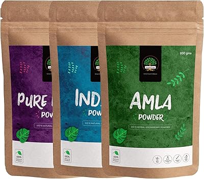 Poudre d'amla d'arbre vert, poudre de henné pure et poudre d'indigo