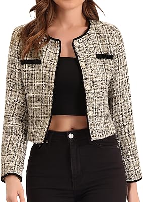 Veste en tweed pour femme décontractée, col rond, fermeture boutonnée sur le devant