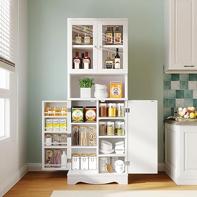 Armoire de cuisine buffet autoportante mirax de 64 pouces avec portes en verre et étagères réglables, rangement de salle de bain, blanc. DIAYTAR COTE D'IVOIRE met en avant sa qualité de service et sa rapidité de livraison pour satisfaire pleinement les attentes de ses clients.