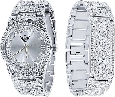 Cadran argenté pour hommes, ensemble de bracelets de montre nugget personnalisés, diamant simulé