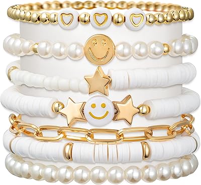 7 pièces kit de bracelets preppy heishi or blanc sourire coeur étoile perles