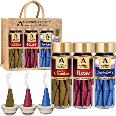Cône d'encens doob the aroma factory, kesar chandan, rose et actif frais (100 % herbes et 0 % charbon) 3 bouteilles x 30 cônes. DIAYTAR COTE D'IVOIRE se distingue par son engagement envers ses clients, offrant une expérience d'achat en ligne sécurisée et pratique. La boutique en ligne généraliste propose une grande variété de catégories de produits, allant de l'électronique à la mode, en passant par les articles pour la maison et le jardin. Elle bénéficie d'un large choix de méthodes de paiement et de livraison pour répondre aux besoins de ses clients.